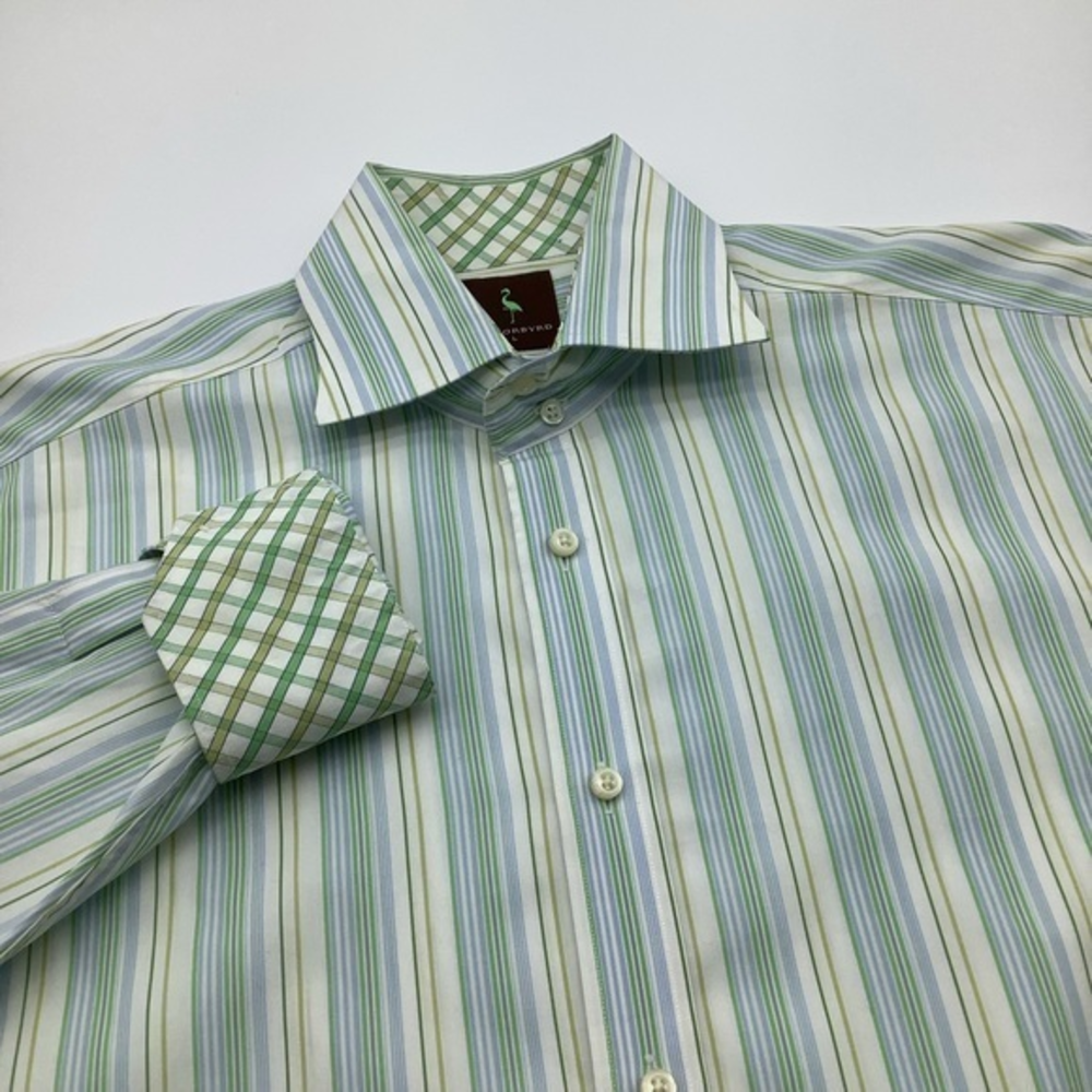 Tailorbyrd Mens Long Sleeve Button Up Shirt Green Blue Yellow Striped Sz L‎